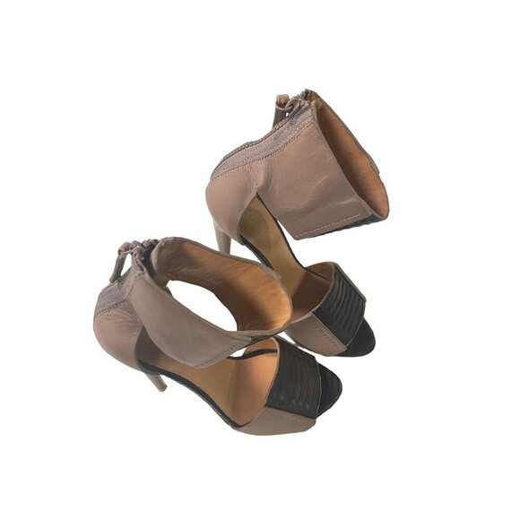 L.A.M.B. Taupe Black Leather Ankle Strap Heels Shoes 6 M - Picture 1 of 7